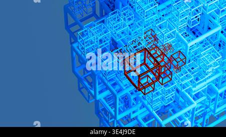 Background of a vast arrangement of 3D geometric shapes, primarily cubes, in a complex pattern. The focus is on the interplay of blue and red elements Stock Photo