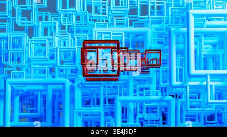 Background of a vast arrangement of 3D geometric shapes, primarily cubes, in a complex pattern. The focus is on the interplay of blue and red elements Stock Photo