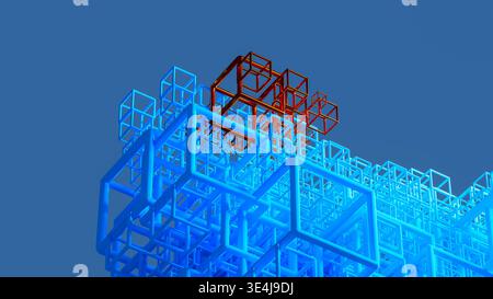 Background of a vast arrangement of 3D geometric shapes, primarily cubes, in a complex pattern. The focus is on the interplay of blue and red elements Stock Photo