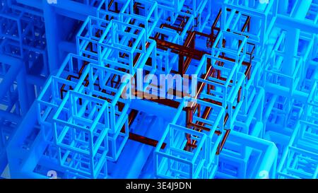 Background of a vast arrangement of 3D geometric shapes, primarily cubes, in a complex pattern. The focus is on the interplay of blue and red elements Stock Photo