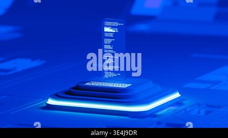 A glass screen shows programming code in a blue 3D space. The design has layers and a modern look. The setup highlights technology and code. Stock Photo