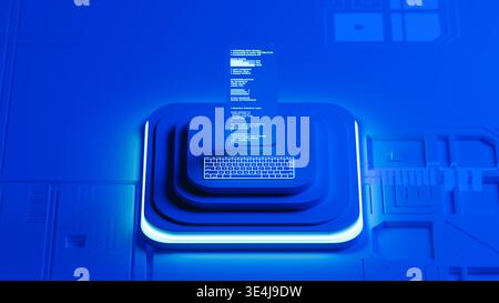 A glass screen shows programming code in a blue 3D space. The design has layers and a modern look. The setup highlights technology and code. Stock Photo