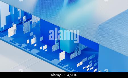 A 3D background with geometric shapes in shades of blue. The design has clean lines and a tech-inspired look. Stock Photo