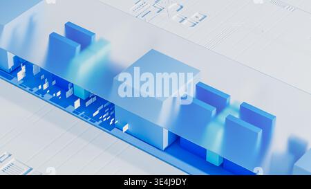 A 3D background with geometric shapes in shades of blue. The design has clean lines and a tech-inspired look. Stock Photo