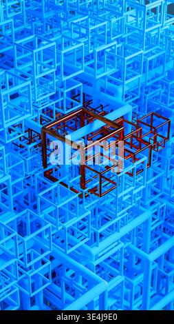 Background of a vast arrangement of 3D geometric shapes, primarily cubes, in a complex pattern. The focus is on the interplay of blue and red elements Stock Photo