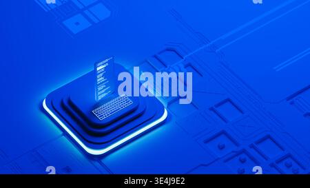 A glass screen shows programming code in a blue 3D space. The design has layers and a modern look. The setup highlights technology and code. Stock Photo