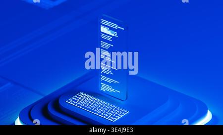 A glass screen shows programming code in a blue 3D space. The design has layers and a modern look. The setup highlights technology and code. Stock Photo