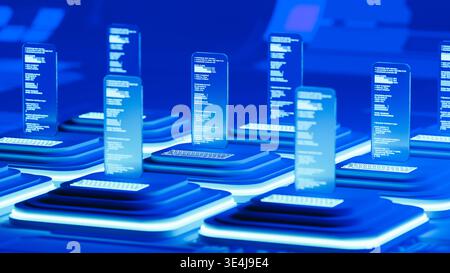 A glass screen shows programming code in a blue 3D space. The design has layers and a modern look. The setup highlights technology and code. Stock Photo