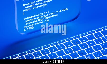 A glass screen shows programming code in a blue 3D space. The design has layers and a modern look. The setup highlights technology and code. Stock Photo