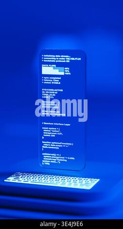A glass screen shows programming code in a blue 3D space. The design has layers and a modern look. The setup highlights technology and code. Stock Photo