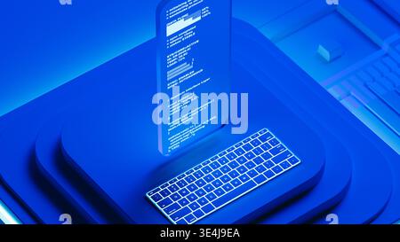 A glass screen shows programming code in a blue 3D space. The design has layers and a modern look. The setup highlights technology and code. Stock Photo