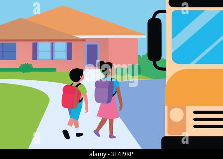 Two children, a boy and a girl, leave their house after completing their work from home tasks. They carry backpacks as they walk to the waiting school Stock Photo