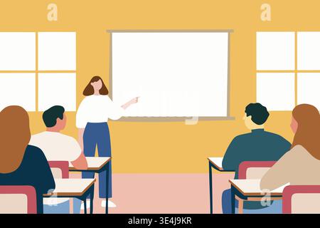 A woman stands in front of a blank board pointing while teaching a group of students in a home office. The students appear engaged and attentive durin Stock Photo