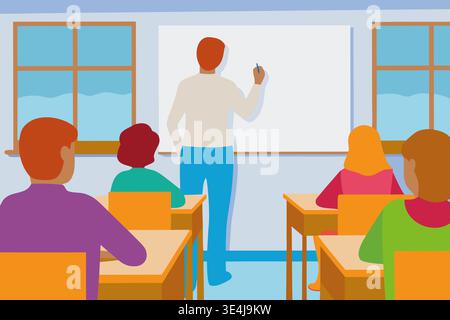 A group of students from different ethnic backgrounds sits at desks in a classroom. A teacher stands at the front writing on a whiteboard. It is morni Stock Photo