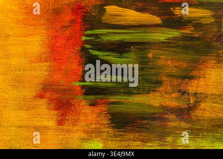 Abstract colored paint illustration with blurred brushstrokes and layered texture. Warm orange and red tones blend with deep green and dark accents, c Stock Photo