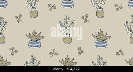 Seamless Pattern with Plant in Pot and Eucalyptus Branches in Vase on Light Background. Minimalist Botanical Home Jungle Decor Template Hand Drawing Stock Vector