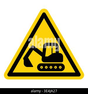 A bold warning sign featuring an excavator silhouette inside a yellow triangle, representing construction site precautions and safety measures in heav Stock Vector