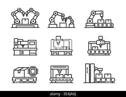 A collection of linear icons depicting robotics and automation processes in manufacturing, showcasing various machines and equipment used in modern pr Stock Vector
