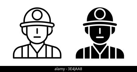 Set of miner icons in black and white style, showcasing essential elements like helmets and safety vests. Ideal for industry-related graphics. Stock Vector