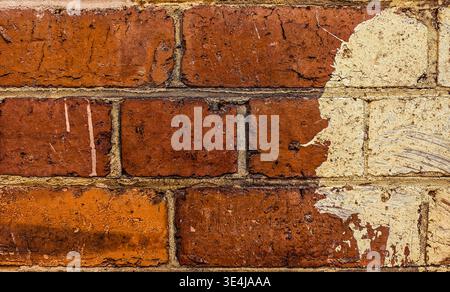 Old red brick wall with peeling white paint and rough texture. Abstract urban background with weathered surface, cracks, and grunge details. Stock Photo