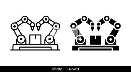 Dual illustrations of industrial robot arms handling boxes, showcasing automation and modern technology for production and logistics industries. Ideal Stock Vector