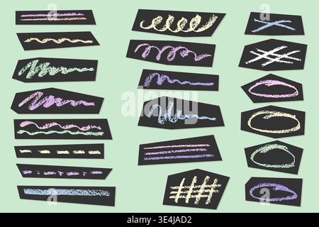Colorful crayon strokes and pencil lines create playful emphasis marks, underlines, and hand-drawn textures perfect for creative crayon designs and Stock Vector