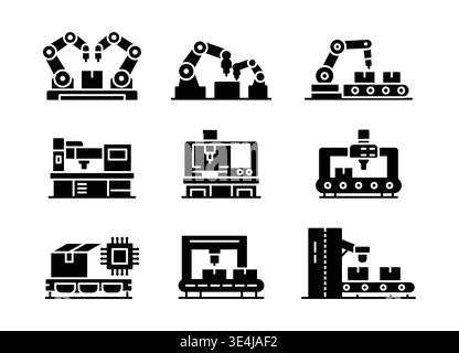 Explore a collection of robotic automation and manufacturing icons, showcasing various machines and systems used in production settings. Ideal for tec Stock Vector