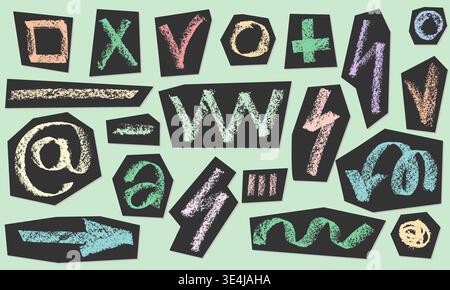Charcoal pencil hand drawing check box with marks v, x, plus shapes. Black elements on white. Grunge chalk crayon scribbles doodles textures loading Stock Vector