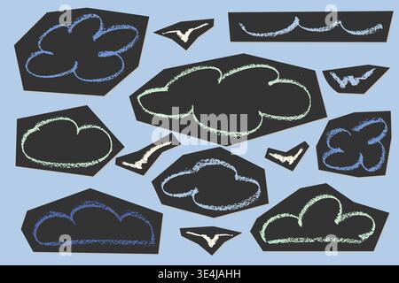 Soft pastel crayon set featuring hand-drawn clouds, rainbows, moons, and arrows. Whimsical chalk-style clipart elements with gentle textures for Stock Vector