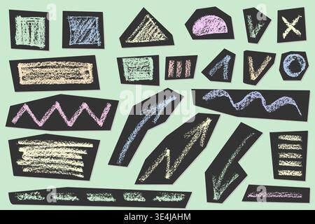 Colorful crayon strokes and pencil lines create playful emphasis marks, underlines, and hand-drawn textures perfect for creative crayon designs and Stock Vector