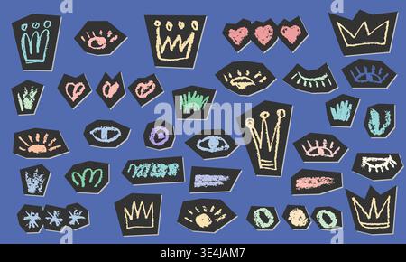 Hand-drawn heart with crown and arrow in chalk sketch style. Rough brush strokes and grunge texture create authentic doodle elements for creative Stock Vector