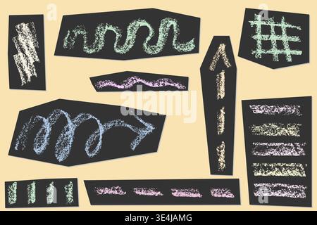 Colorful crayon strokes and pencil lines create playful emphasis marks, underlines, and hand-drawn textures perfect for creative crayon designs and Stock Vector