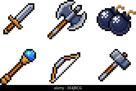 Pixel Art Fantasy Weapons Game Asset Icon Set Stock Vector