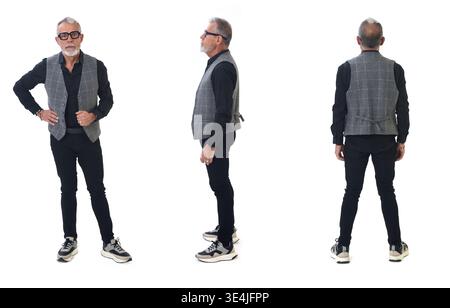 front, side and back of same mature man standing on white background Stock Photo