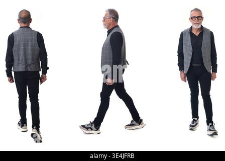 back, side and front view of the same mature man walking on a white background Stock Photo