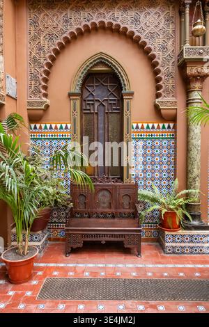 Intricate Neo Moorish Window and Tiled Wall at Casa do Alentejo Stock Photo