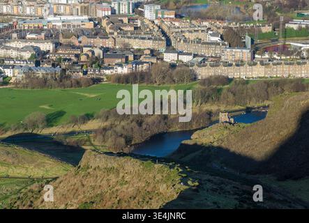 Aerial view of St Margaret's Loch and Holyrood Park with green fields, walking paths and stone tenement housing in Edinburgh. Calm waters and urban pa Stock Photo