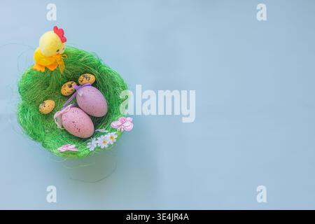 Image for Easter banners or cards on a blue background. Place for text. Stock Photo