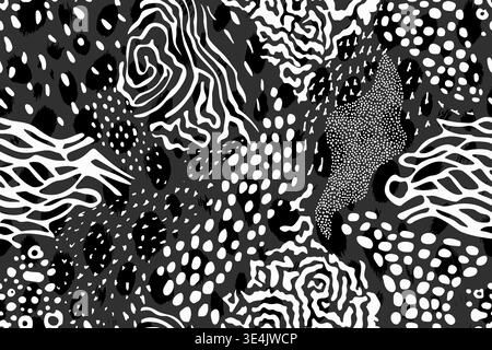 Vector abstract black and white spots, curved lines and dots background Stock Vector