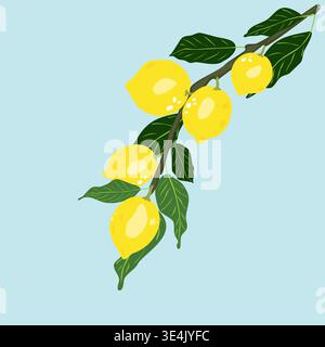 Lemon branch vector illustration on blue background. Fresh yellow citrus fruits with green leaves on wood stem. Mediterranean botanical design element Stock Vector