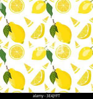 Seamless lemon pattern vector on transparent background. Fresh yellow citrus fruits with green leaves, slices and halves. Mediterranean wallpaper Stock Vector