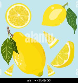 Lemon vector set on blue background. Fresh yellow whole citrus fruit, slices and halves with green leaves. Mediterranean food collection for lemonade Stock Vector