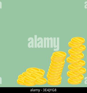 Vector flat illustration of increasing piles of gold coins on a green background. High-quality financial concept for banking services, investment grow Stock Vector