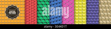 Collection of bright colorful seamless geometric 3d cubes patterns. Isometric structure repeatable vector decorative modern backgrounds. Artwork Stock Vector