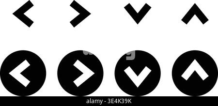 These simple black navigational arrow icons are displayed in two rows with variations featuring solid and circular button style shapes. Stock Vector