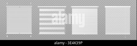 White window blinds set isolated on transparent background. Vector realistic illustration of textile and plastic window roller shades, office or home interior accessory, privacy curtain, door shutter Stock Vector