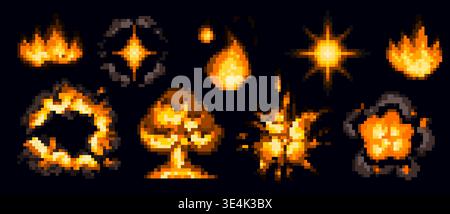 Pixel art explosion in glowing yellow orange flames and bright energy bursts on black. Retro 8 bit game elements with pixelated blasts, vintage arcade attack animations, dramatic boom effects on dark Stock Vector