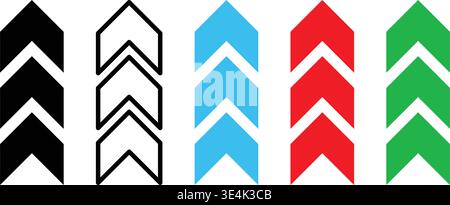 A set of five distinct vertical arrangements of stacked chevron arrows featuring solid black, outlined, blue, red, and green designs. Stock Vector