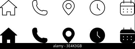 A collection of essential communication and utility icons displayed in both outline and solid black styles for user interface design. Stock Vector