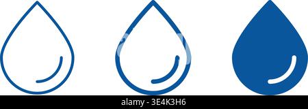 A set of three blue water drop icons displaying outline, medium stroke, and solid fill styles for graphical interface design. Stock Vector